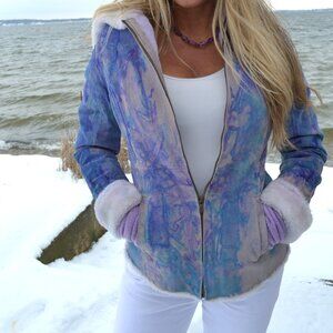Suede leather tie dye jacket shearling boho Coat gray white pink purple blue med